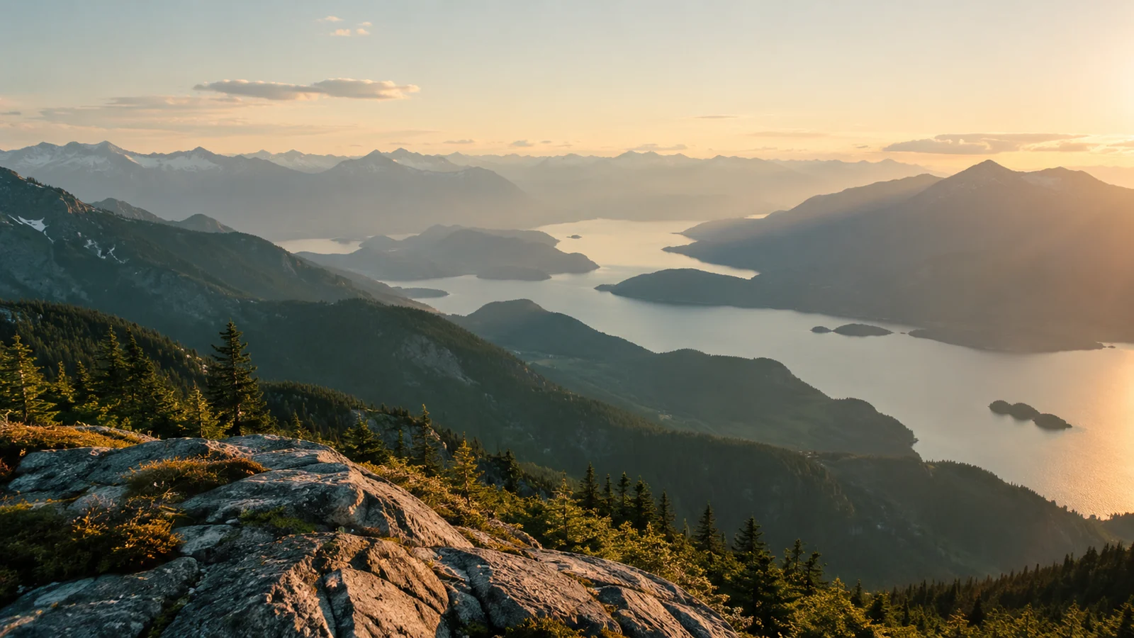 Mountain and lake landscape at golden hour