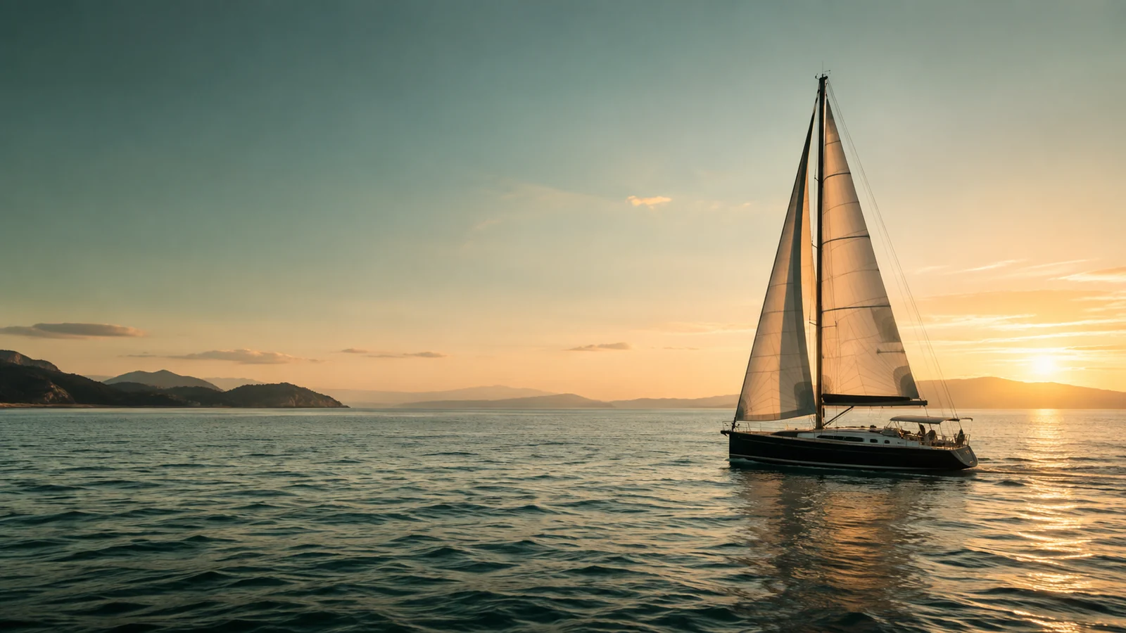 Sailboat crossing open water at golden hour